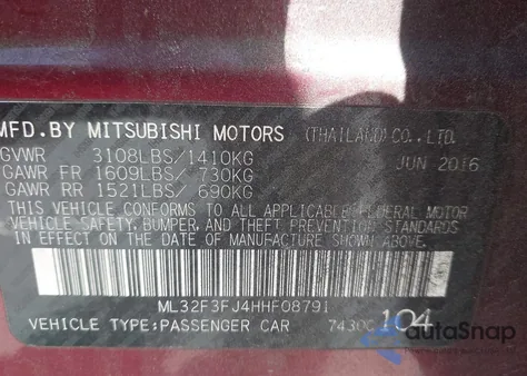 2017 Mitsubishi Mirage G4 Es из США, поврежденный, VIN ML32F3FJ4HHF08791